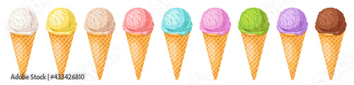 Ice cream collection.Set of different colorful scoops and waffle cone.Sweet summer frozen dessert vector illustration.Gelato in various flavors:vanilla, strawberry, chocolate for wallpaper, background