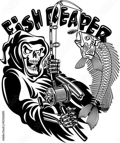 grim reaper holding fishing rod fighting hooked fish 