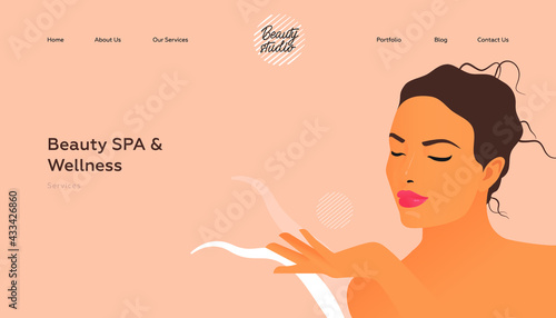 Beauty SPA and Wellness. Services. Beauty Studio Landing Page Design Template. Website Banner. Female with Natural Makeup and Healthy Skin Portrait Touching Her Face on Abstract Beige Background. 