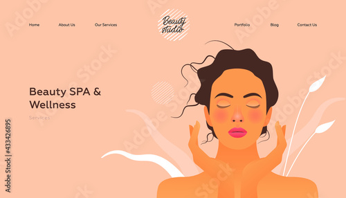 Beauty SPA and Wellness. Services. Beauty Studio Landing Page Design Template. Website Banner. Female with Natural Makeup and Healthy Skin Portrait Touching Her Face on Abstract Beige Background. 