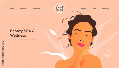 Beauty SPA and Wellness. Services. Beauty Studio Landing Page Design Template. Website Banner. Female with Natural Makeup and Healthy Skin Portrait Touching Her Face on Abstract Beige Background. 