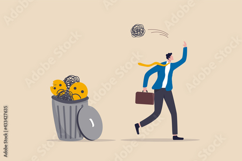 Get rid of work anxiety, stressed and unhappiness emotion, relax to gain happiness concept, happy businessman throw away stressed and anxiety into the bin.