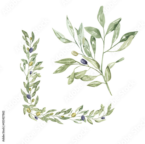 Watercolor olive branch bouquets, wedding rustic border