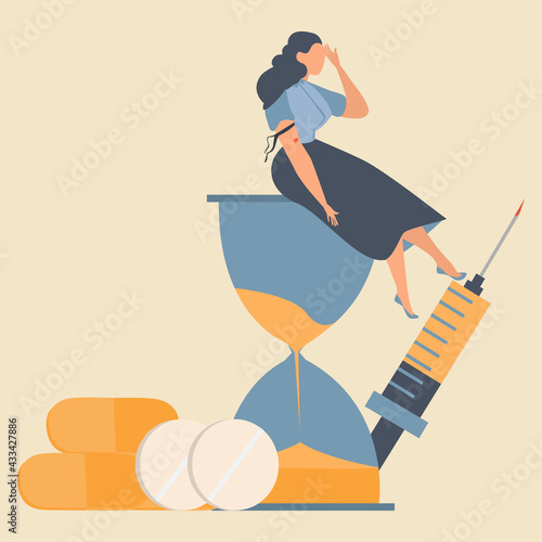 Drug addicted Broken woman using heroin and sitting on the hourglass with giant syringe and pill on background. Concept of people with heavy drug addiction. Flat vector illustration.
