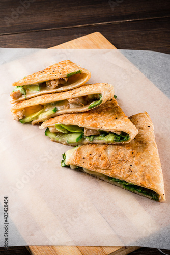 quesadilla with chicken, cheese, lettuce and cucumber