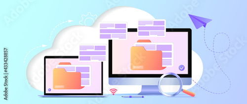 File transfer. Files transferred encrypted form. Program for remote connection to computer. Full access to remote files and folders. Data Center concept based. Database with cloud server. Web banner