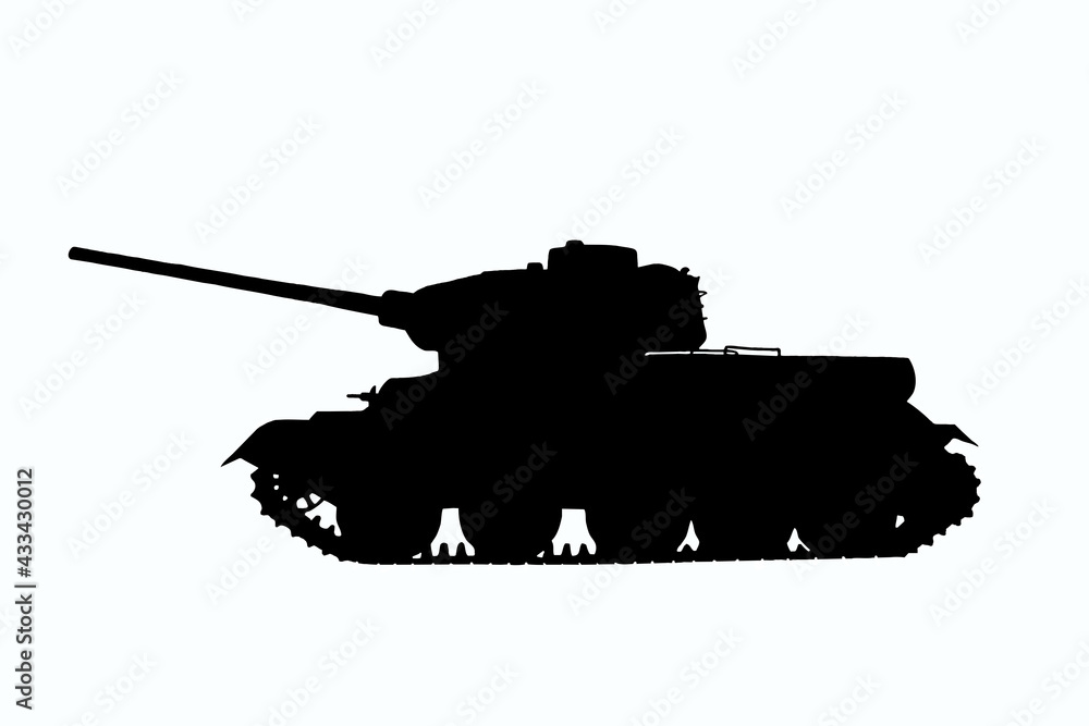 Illustration of a black Soviet T-34 tank on a white clipping background. Side view