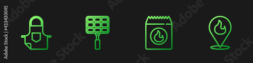 Set line Barbecue coal bag, Kitchen apron, steel grid and Location with fire flame. Gradient color icons. Vector