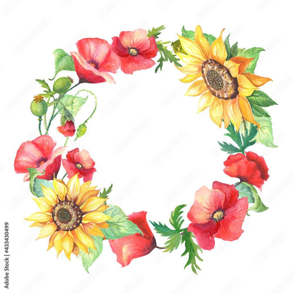 Wreath of yellow sunflowers,red poppies.Greeting card with watercolor flowers Wreath of yellow sunflowers,red poppies.Greeting card with watercolor flowers