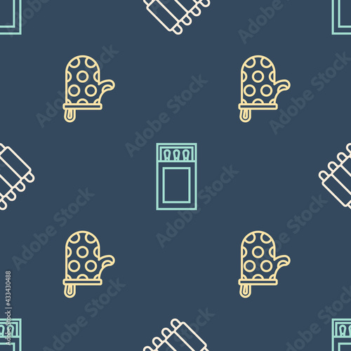 Set line Grilled pork bbq ribs, Oven glove and Matchbox and matches on seamless pattern. Vector