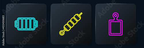 Set line Barbecue grill, Cutting board and Grilled shish kebab. Black square button. Vector