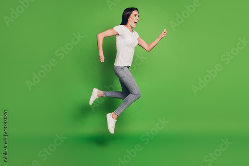 Full size photo of jumping woman rushing shopping