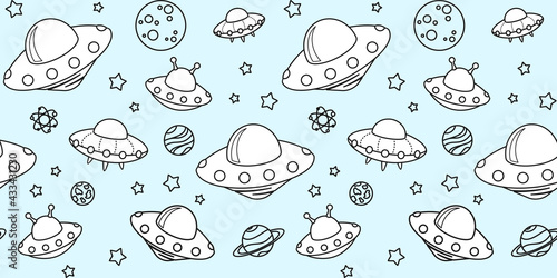 Black outline alien spaceships, different planets and stars on a blue background. Space endless texture. Vector seamless pattern for cover, wrapping paper, packaging, wrapper, surface texture or print
