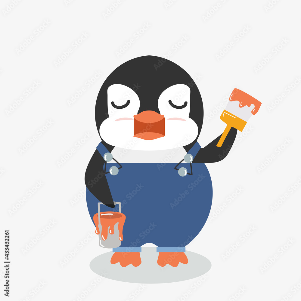 Obraz premium Penguin holds a brush cartoon
