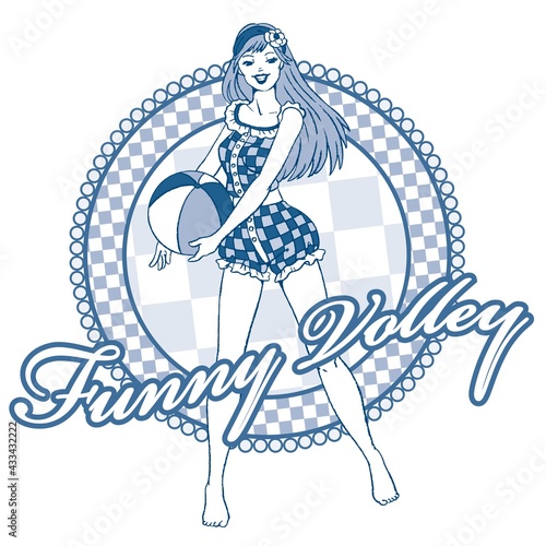 Pin-up dressed with a vintage checkered bathing suit playing beach volley