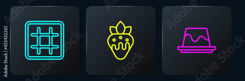 Set line Waffle, Pudding custard and Strawberry chocolate. Black square button. Vector