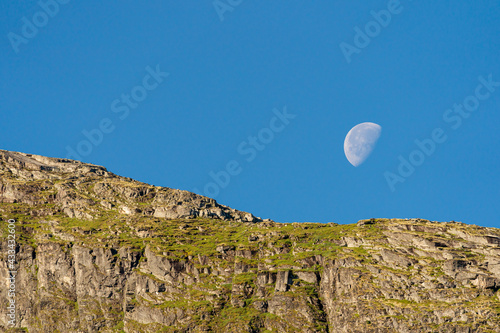 Early morning with moon over the mountain with blue skye.