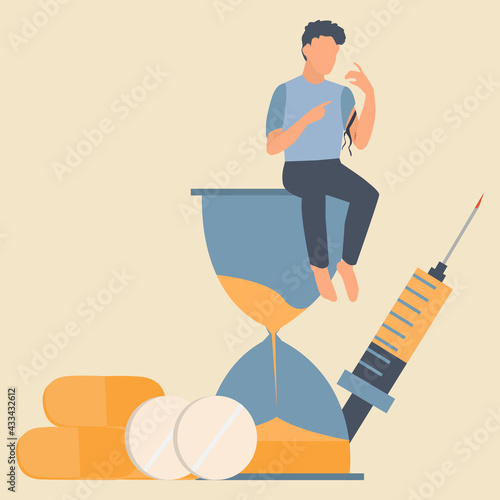 Drug addicted Broken Man using heroin and sitting on the hourglass with giant syringe and pill on background. Concept of people with heavy drug addiction. Flat vector illustration.