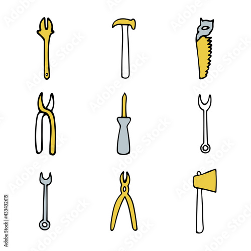 Vector illustration of tools for repairing in doodle style. The illustration can be used to advertise a store of tools for repair, construction. 