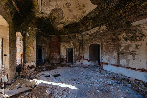 Old ruined abandoned historical mansion Otrada-Semenovskoye, inside view