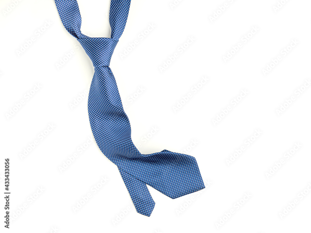 Father's day composition of blue tie laid isolated on a white background. Top view. Flat lay with space for text - obrazy, fototapety, plakaty 