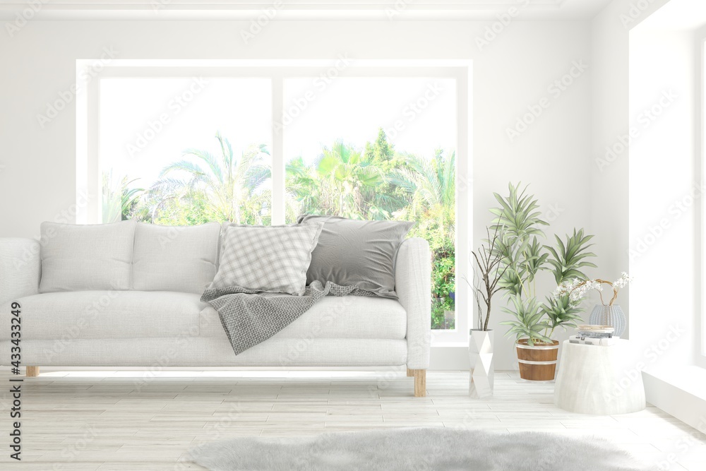 Fototapeta premium Soft color living room with sofa. Scandinavian interior design. 3D illustration