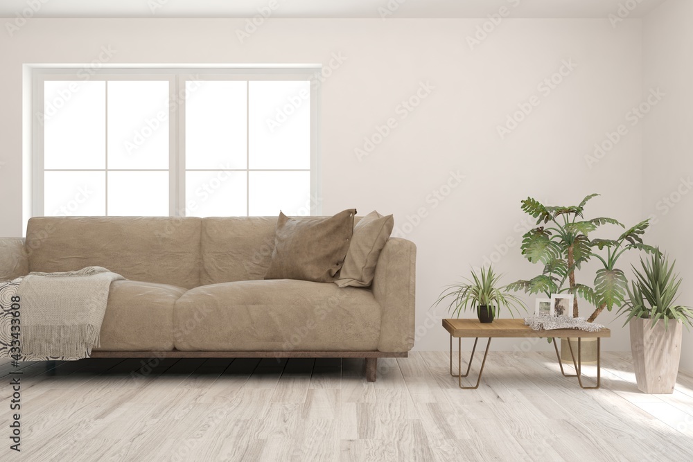 White living room with sofa and summer landscape in window. Scandinavian interior design. 3D illustration White living room with sofa and summer landscape in window. Scandinavian interior design. 3D illustration