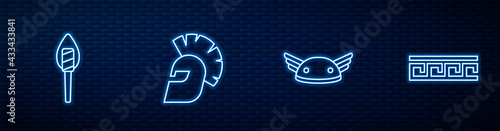 Set line Helmet with wings, Torch flame, Greek helmet and Ancient pattern. Glowing neon icon on brick wall. Vector