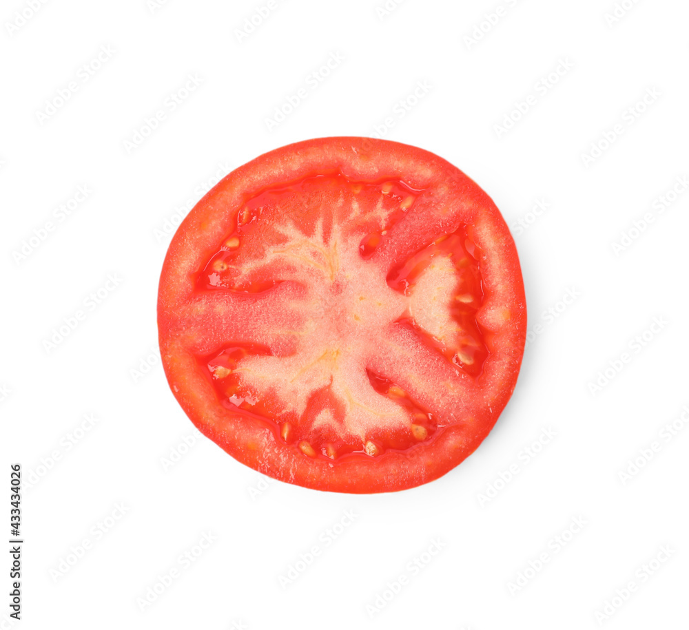 Slice of ripe tomato isolated on white, top view Slice of ripe tomato isolated on white, top view