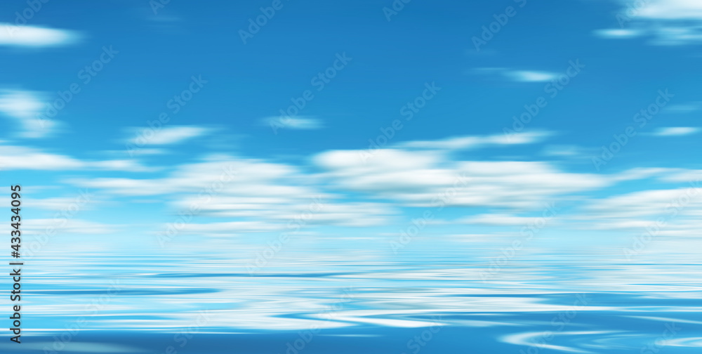Empty marine blurred background. Seascape, sunlight, sky. Reflection of the sky on the water. 3d illustration