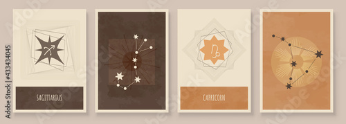 Abstract art with zodiac celestial sign and constellation. Sagittarius or Archer, Capricornus or Goat. Wall art in vintage style. Minimalistic vector background design.