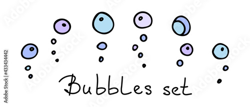 Doodle style set with bubbles. Hand drawn icon and symbol for print on baby clothes, sticker, textile, menu design.