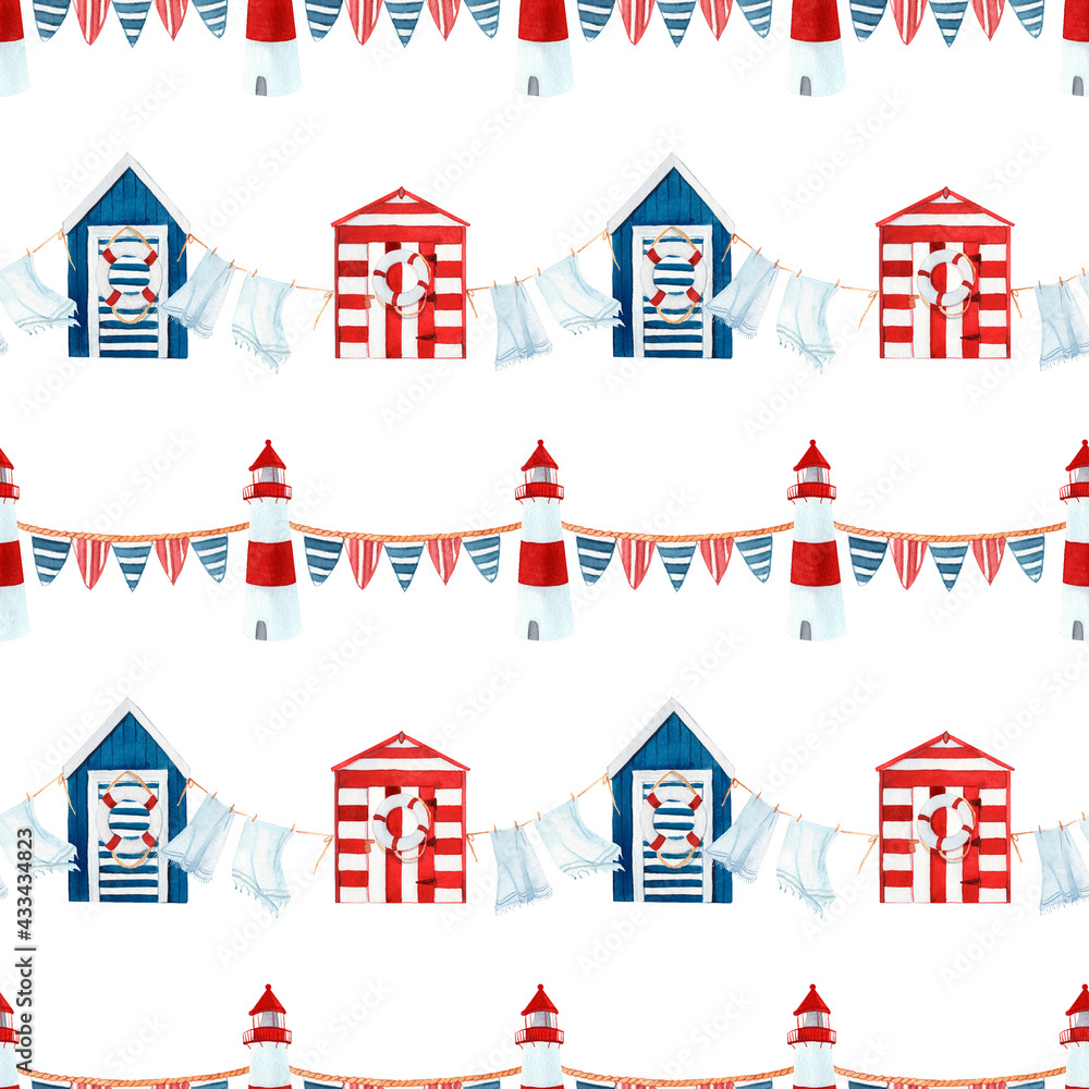 Seamless pattern with blue and red beach huts and flags Seamless pattern with blue and red beach huts and flags