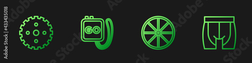 Set line Bicycle wheel, sprocket crank, Stopwatch and Cycling shorts. Gradient color icons. Vector