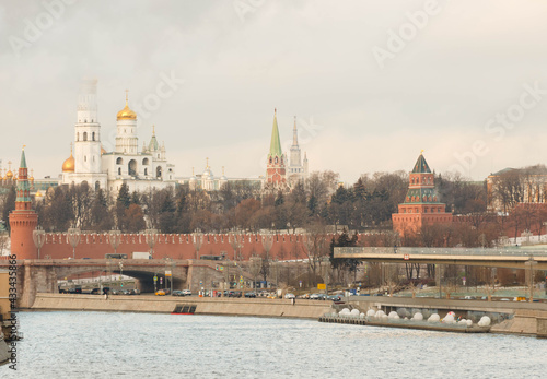 Moscow, Russia.  View of the Kremlin wall, towers and Ivan The Great bell tower in fog. Shot with telephoto lens