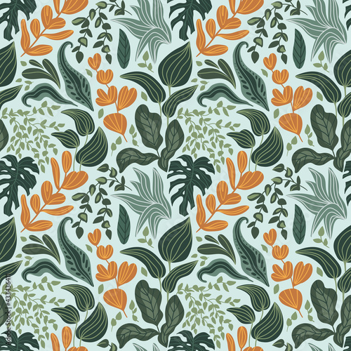 Greenery seamless pattern in hand-drawn style. Vector repeating background with tropical leaves and plants.