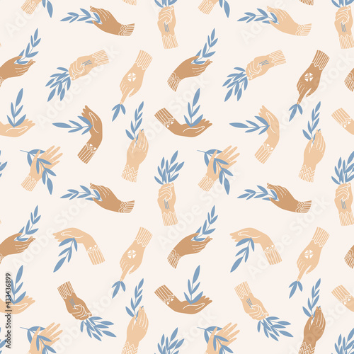 Eco friendly seamless pattern. Human hands holding branches with leaves. Vector repeat design for fabric or wallpaper. 