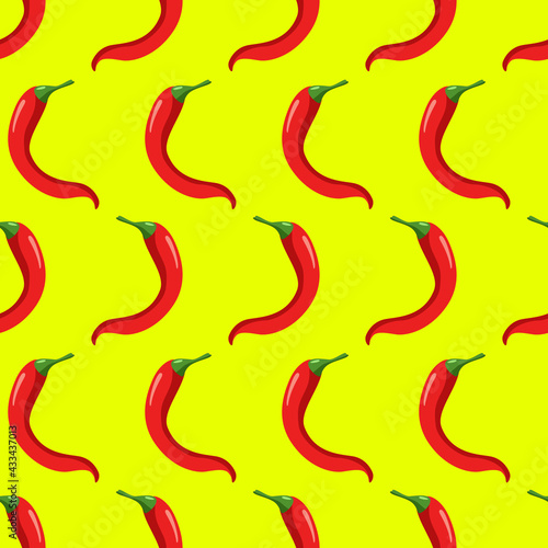 Seamless pattern of red hot chili peppers on yellow. Vector illustration.