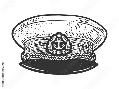 Captain's cap uniform sketch engraving vector illustration. T-shirt apparel print design. Scratch board imitation. Black and white hand drawn image.