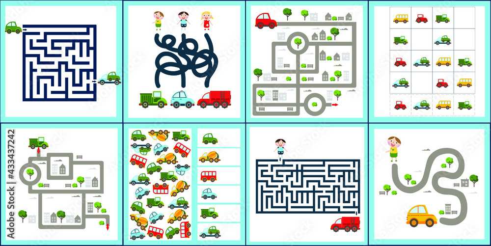 Mini games collections with cars for development. I spy. Maze. Sudoku. Colorful vector illustration in flat style.