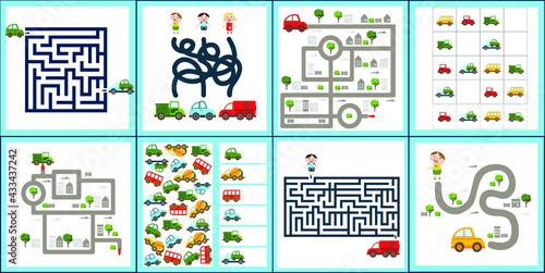 Mini games collections with cars for development. I spy. Maze. Sudoku. Colorful vector illustration in flat style.