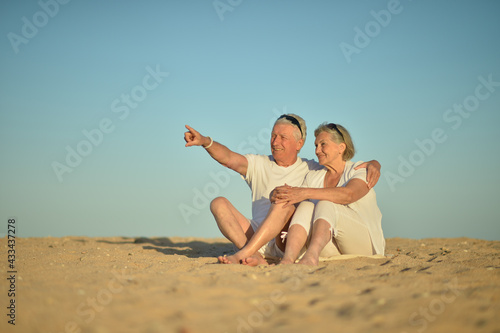 Happy elderly couple sitting on tropical beach. man pointing