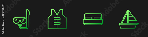 Set line Hotel room bed, Diving mask and snorkel, Life jacket and Yacht sailboat. Gradient color icons. Vector