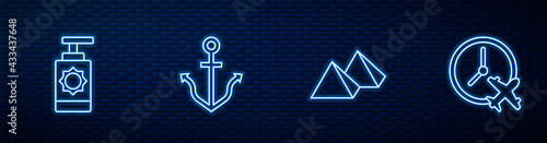 Set line Egypt pyramids, Sunscreen spray bottle, Anchor and Clock with airplane. Glowing neon icon on brick wall. Vector
