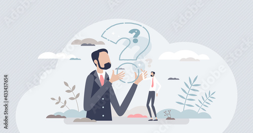 Curiosity and thinking about questions and examining them tiny person concept. Mind training and dilemma situations as brain exercise vector illustration. Cognitive process and curious thoughts scene.