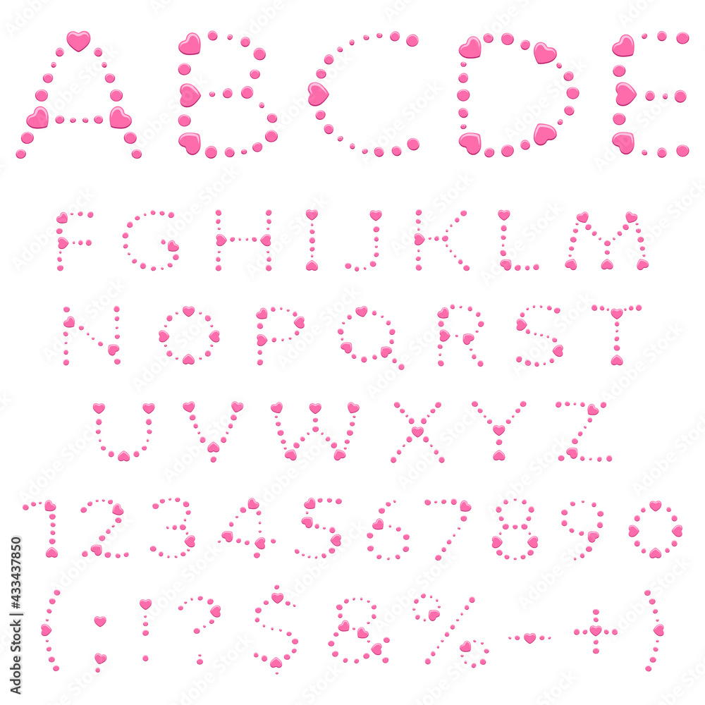 Alphabet, letters, numbers and signs made of pink circles and hearts. Isolated vector objects on a white background. Alphabet, letters, numbers and signs made of pink circles and hearts. Isolated vector objects on a white background.