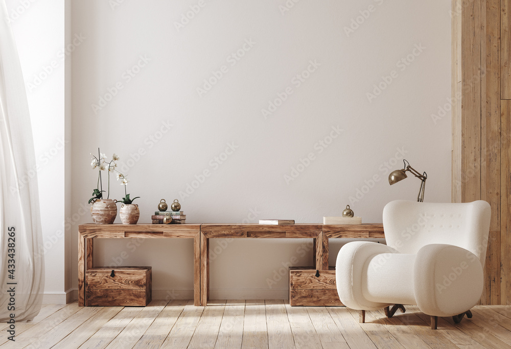 Fototapeta premium Cozy farmhouse living room interior, 3d render