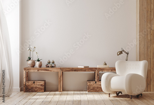 Cozy farmhouse living room interior, 3d render photo