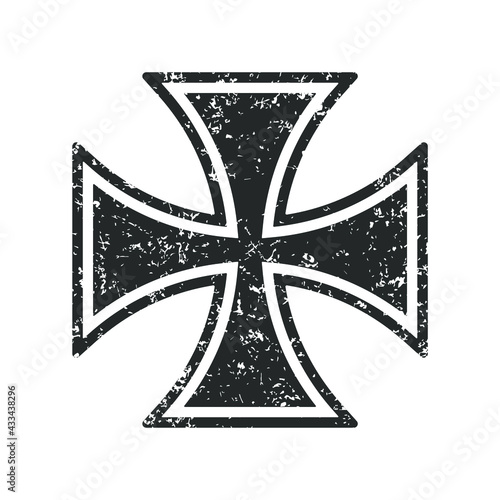 Cross vector shape symbol with grunge texture. Christianity sign. Christian religion icon. Catholic and protestant faith logo or image. Teutonic crusader label. Gothic crusade crucifix.