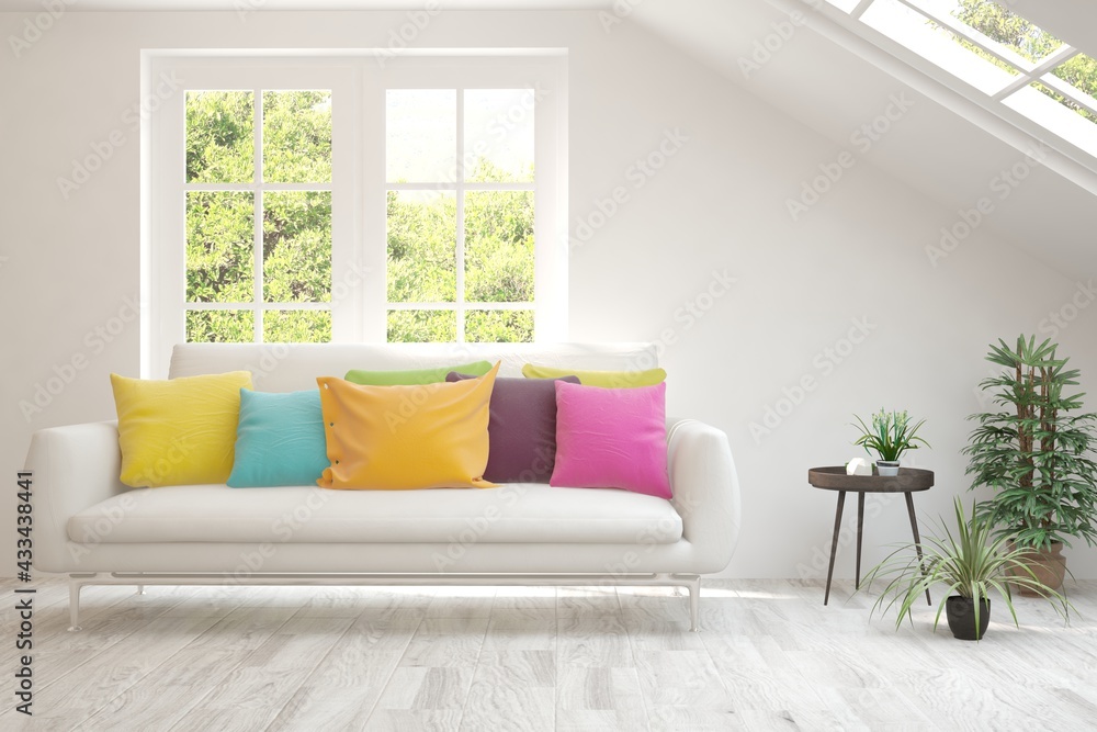 Fototapeta premium White living room with sofa and summer landscape in window. Scandinavian interior design. 3D illustration
